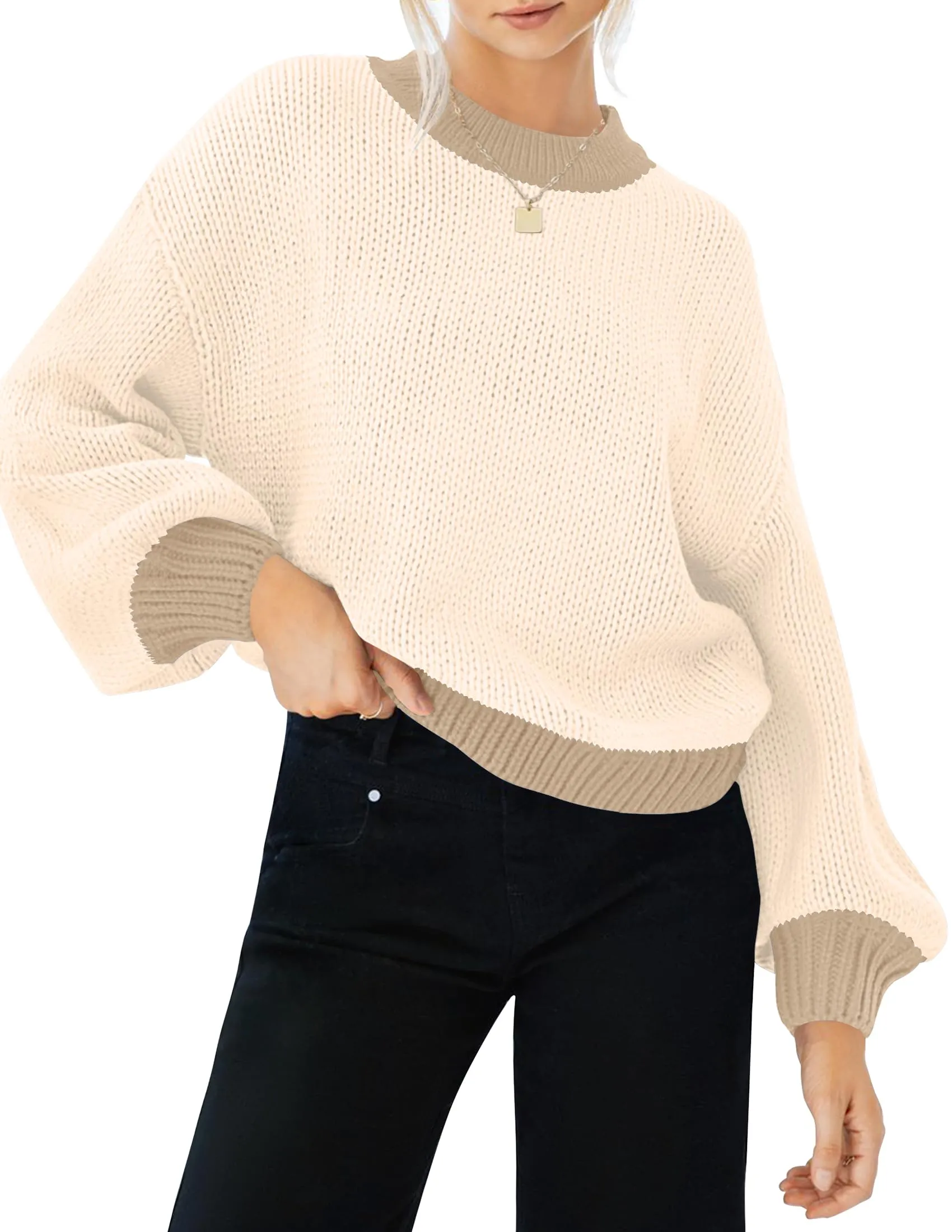 ZESICA Long Sleeve Crew Neck Contrast Color Loose Sweater Top