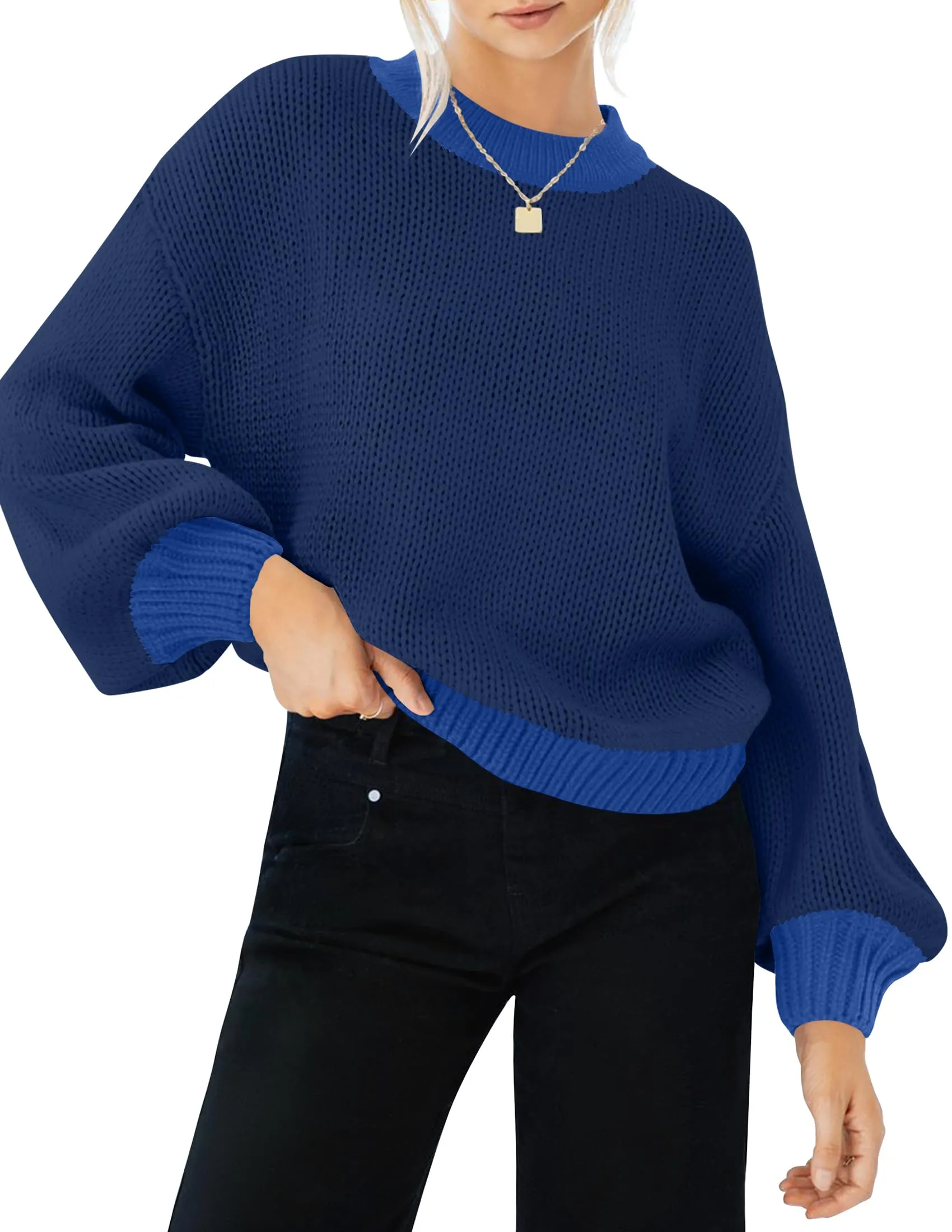 ZESICA Long Sleeve Crew Neck Contrast Color Loose Sweater Top
