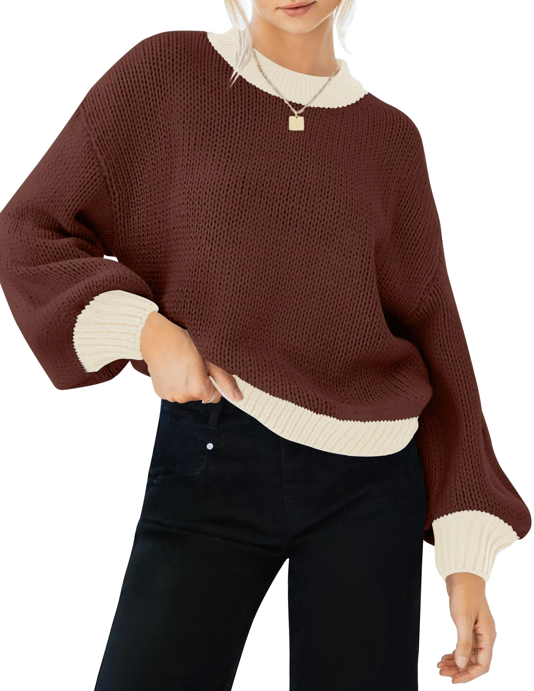 ZESICA Long Sleeve Crew Neck Contrast Color Loose Sweater Top