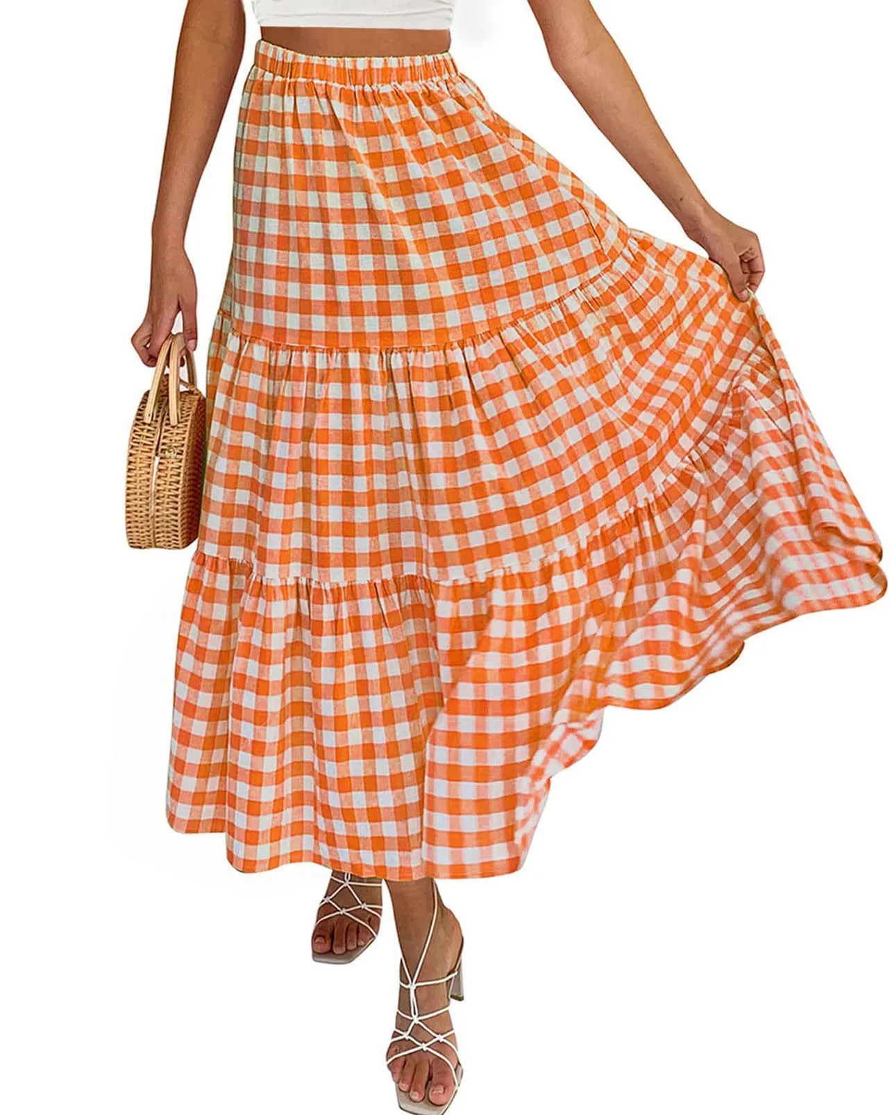 ZESICA Plaid Elastic High Waist Skirt with Pockets